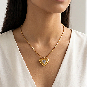COLAR PINGENTE CORAÇÃO DUPLO COM ZIRCÔNIA DOURADO AÇO 316L⭐️