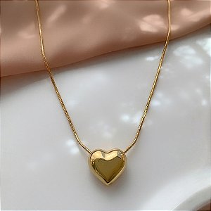 COLAR CORRENTE RABO DE RATO PINGENTE CORAÇÃO MÉDIO BOLEADO DOURADO AÇO 316L⭐️