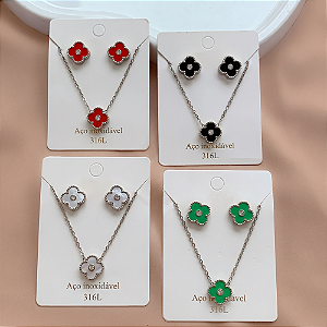COLAR E BRINCO KIT FLOR RESINADO COM ZIRCÔNIA AÇO 316L⭐️
