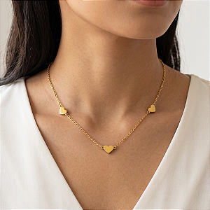 COLAR TRÊS CORAÇÕES LISOS DOURADO AÇO 316L⭐️