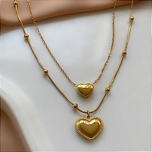 COLAR DUPLO BOLINHAS E CORAÇÕES DOURADO AÇO 316L⭐️