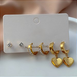 BRINCO KIT ARGOLINHA, PONTO DE LUZ E CORAÇÃO DOURADO AÇO 316L⭐️
