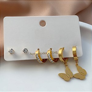 BRINCO KIT ARGOLINHA, PONTO DE LUZ E BORBOLETA DOURADO AÇO 316L⭐️