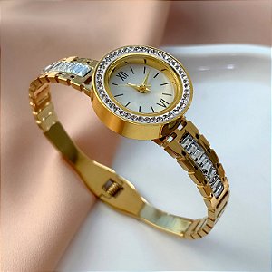 BRACELETE RELÓGIO PULSEIRA CORRENTE COM ZIRCÔNIAS DOURADO AÇO 316L⭐️