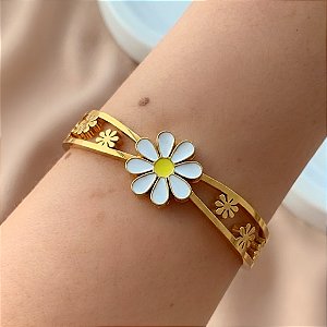 PULSEIRA/BRACELETE MARGARIDA ESMALTADA DOURADO AÇO 316L⭐️