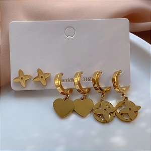 BRINCO KIT ARGOLINHAS TREVOS E CORAÇÃO DOURADO AÇO 316L⭐️
