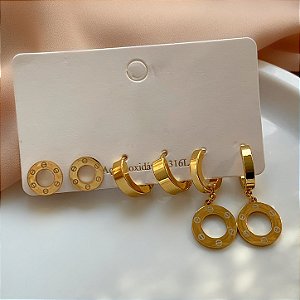 BRINCO KIT ARGOLINHAS CÍRCULOS CARTIER DOURADO AÇO 316L⭐️