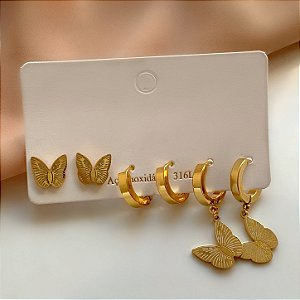BRINCO KIT ARGOLINHAS BORBOLETINHAS DOURADO AÇO 316L⭐️