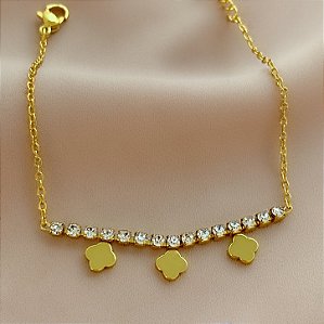 PULSEIRA DELICADA FIO ZIRCÔNIAS E TREVOS DOURADO AÇO 316L⭐️