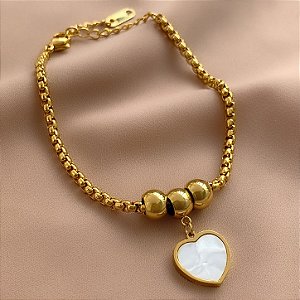 PULSEIRA VENEZIANA GROSSA PINGENTE CORAÇÃO MADREPÉROLA DOURADO AÇO 316L⭐️