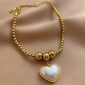 PULSEIRA VENEZIANA GROSSA PINGENTE CORAÇÃO PÉROLA DOURADO AÇO 316L⭐️