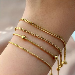KIT 4 PULSEIRAS CORRENTES DIVERSAS CARLA DOURADO AÇO 316L⭐️