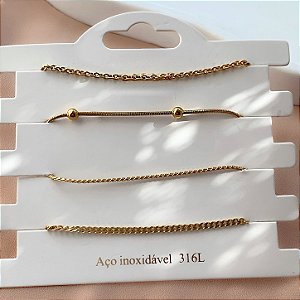 KIT 4 PULSEIRAS CORRENTES DIVERSAS CARLA DOURADO AÇO 316L⭐️