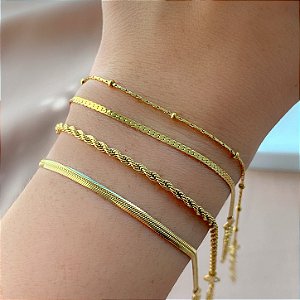 KIT 4 PULSEIRAS CORRENTES DIVERSAS SOFIA DOURADO AÇO 316L⭐️