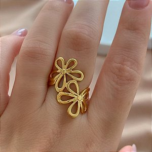 ANEL REGULÁVEL DUAS FLORES DOURADO AÇO 316L⭐️