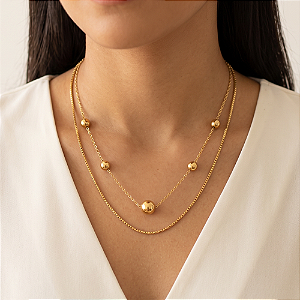 COLAR DUPLO ESFERAS LISAS DOURADO AÇO 316L⭐️