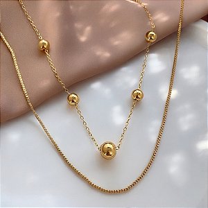 COLAR DUPLO ESFERAS LISAS DOURADO AÇO 316L⭐️