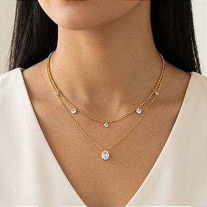 COLAR DUPLO CORRENTE BOLINHAS E PINGENTES ZIRCÔNIAS DOURADO AÇO 316L⭐️