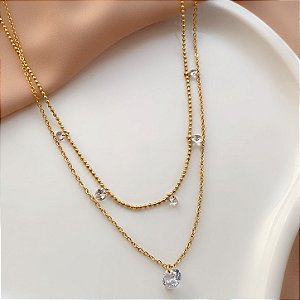 COLAR DUPLO CORRENTE BOLINHAS E PINGENTES ZIRCÔNIAS DOURADO AÇO 316L⭐️