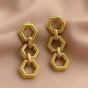 BRINCO HEXÁGONOS PENDURADOS DOURADO AÇO 316L⭐️