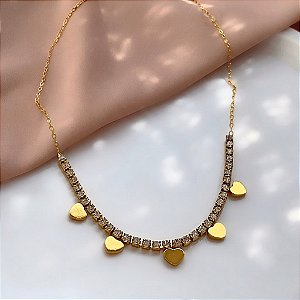 COLAR FIO DE ZIRCÔNIA DE MINI CORAÇÕES DOURADO AÇO 316L⭐️