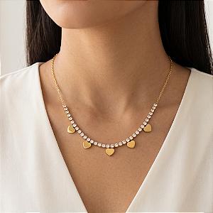 COLAR FIO DE ZIRCÔNIA DE MINI CORAÇÕES DOURADO AÇO 316L⭐️