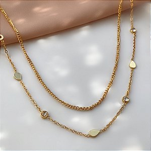 COLAR DELICADO DUPLO MINI GOTAS E ZIRCÔNIAS DOURADO AÇO 316L⭐️