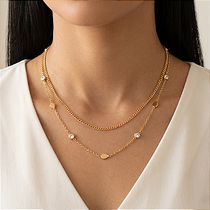 COLAR DELICADO DUPLO MINI GOTAS E ZIRCÔNIAS DOURADO AÇO 316L⭐️