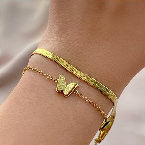 PULSEIRA DUPLA CORRENTE FITA E BORBOLETAS DOURADO AÇO 316L⭐️