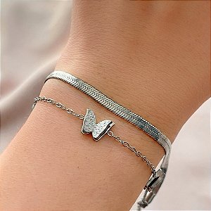 PULSEIRA DUPLA CORRENTE FITA E BORBOLETAS AÇO 316L⭐️