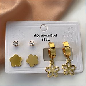 BRINCO KIT FLORZINHA EPONTO DE LUZ DOURADO AÇO 316L⭐️