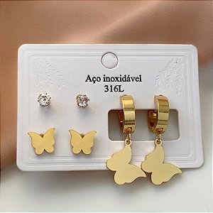 BRINCO KIT BORBOLETAS DOURADO AÇO 316L⭐️