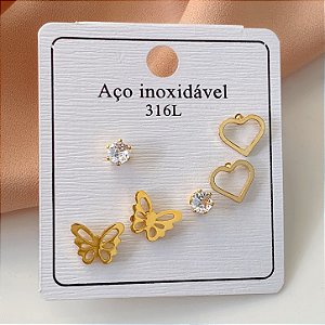 BRINCO KIT BORBOLETA, CORAÇÃO E PONTO DE LUZ ZIRCÔNIA DOURADO AÇO 316L⭐️