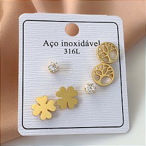 BRINCO KIT TREVO, ÁRVORE DA VIDA E PONTO DE LUZ ZIRCÔNIA DOURADO AÇO 316L⭐️