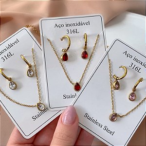 CONJUNTO COLAR E BRINCO GOTAS PEDRAS OURO VELHO AÇO 316L⭐️(GRUPO 1)