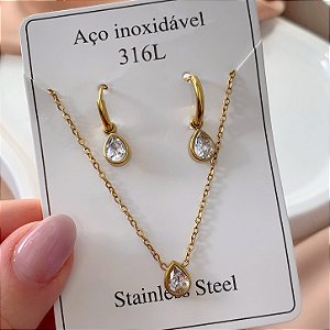 CONJUNTO COLAR E BRINCO GOTAS PEDRAS OURO VELHO AÇO 316L⭐️(GRUPO 1)