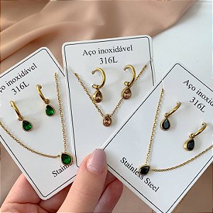 CONJUNTO COLAR E BRINCO GOTAS PEDRAS OURO VELHO AÇO 316L⭐️(GRUPO 2)
