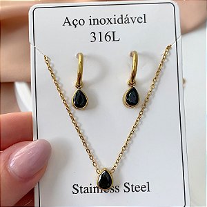 CONJUNTO COLAR E BRINCO GOTAS PEDRAS OURO VELHO AÇO 316L⭐️(GRUPO 2)