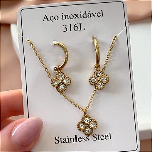 CONJUNTO COLAR E BRINCO TREVO PEDRAS OURO VELHO AÇO 316L⭐️(GRUPO 1)