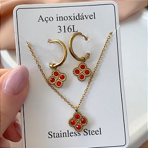 CONJUNTO COLAR E BRINCO TREVO PEDRAS OURO VELHO AÇO 316L⭐️(GRUPO 1)