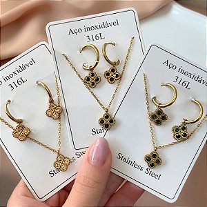 CONJUNTO COLAR E BRINCO TREVO PEDRAS OURO VELHO AÇO 316L⭐️(GRUPO 2)