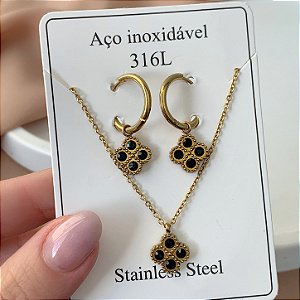 CONJUNTO COLAR E BRINCO TREVO PEDRAS OURO VELHO AÇO 316L⭐️(GRUPO 2)