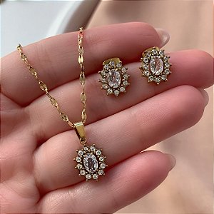 COLAR E BRINCO KIT PEDRA OVAL COM BORDA CRAVEJADA DOURADO AÇO 316L⭐️(GRUPO 1)