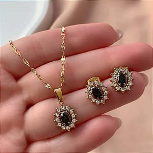 COLAR E BRINCO KIT PEDRA OVAL COM BORDA CRAVEJADA DOURADO AÇO 316L⭐️(GRUPO 2)