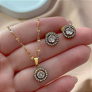 COLAR E BRINCO KIT ZIRCÔNIA REDONDA COM BORDA CRAVEJADA DOURADO AÇO 316L⭐️(GRUPO 1)
