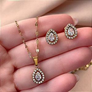 COLAR E BRINCO KIT ZIRCÔNIA GOTA COM BORDA CRAVEJADA DOURADO AÇO 316L⭐️(GRUPO 1)