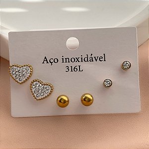 BRINCO KIT CORAÇÃO ZIRCÔNIAS DOURADO AÇO 316L⭐️