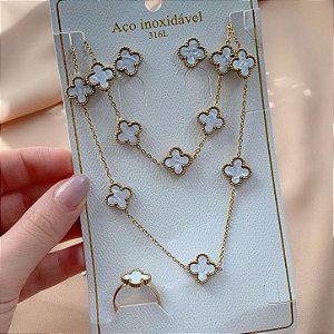 CONJUNTO COLAR+ PULSEIRA+ BRINCO + ANEL TREVO RESINADO DOURADO AÇO 316L⭐️