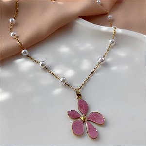 COLAR CORRENTE COM PÉROLA PINGENTE FLOR ESMALTADA DOURADO AÇO 316L⭐️(GRUPO2)