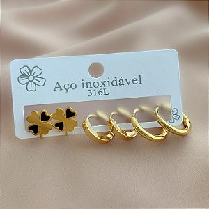 BRINCO KIT ARGOLINHAS E TREVO ESMALTADO DOURADO AÇO 316L⭐️